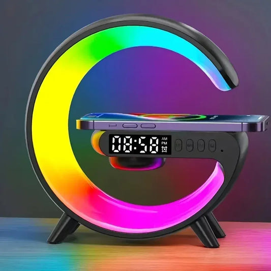 GlowCharge Hub – 5-in-1 Wireless Charger, RGB Clock & Speaker